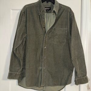 Vintage Eddie Bauer Corduroy Shirt Men Olive Green Check Houndstooth 100% Cotton